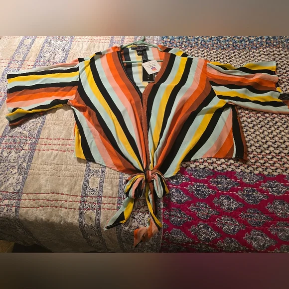 Polly and Esther multi-color striped flowy top with tie front detail. - Picture 3 of 5